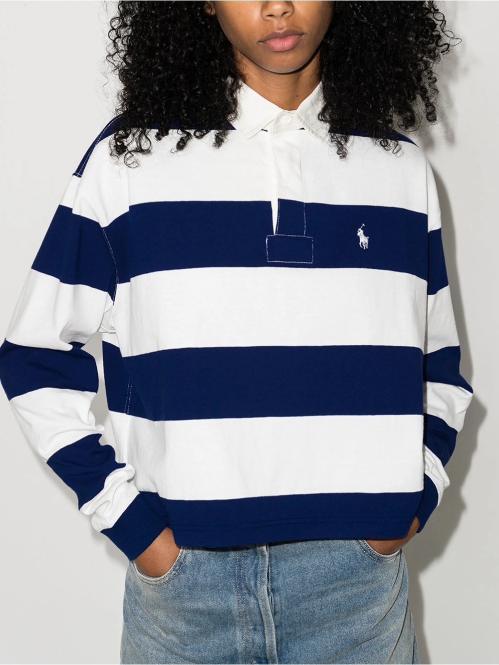 Polo Ralph Lauren Cropped Stripe Rugby Polo Top Navy Blue Size L Preppy Classic